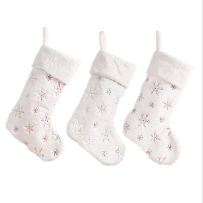 China Soft Velet Holiday Decoration Rabbit Hair Embroidered Snow Silver Christmas Accessories For White Gold Socks Christmas Stocking Velvet for sale