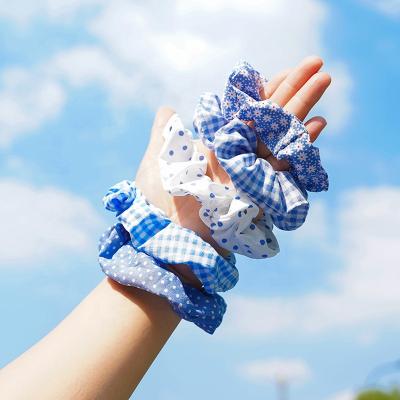 China Wholesale Soft Cute Floral Scrunchie Plaid Plaid Gingham Girls Hair Band Elastic Tie Dot Polka Blue Scrunchies for sale