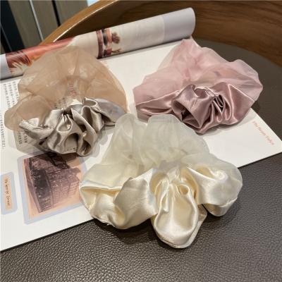 China New Hip Hop Designer Girls 14cm Hair Band Accessories Big Two Tone Joint Splice Satin Mesh Organza Silk Scrunchies for sale