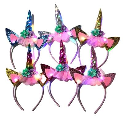 China 2021 Glitter Fabric Sequin Ears Holiday Party LED Light Up Headband Unicorn Flower Halloween Headband With Light for sale