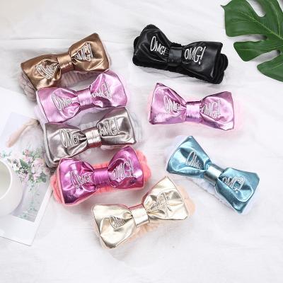 China Fabric Bow Knot Makeup Facewash Embroidery Cute Leather Letter Elastic Rubber Headband Oh My God Hair Band For Wash Face for sale