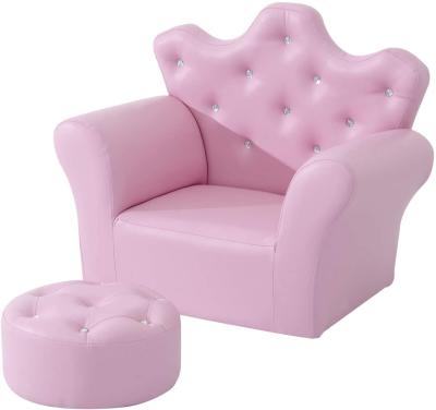 China Solid Wood PU Princess Armchair Set Leather Pink Diamond Kids Sofa Chair Seat With Free Stool for sale