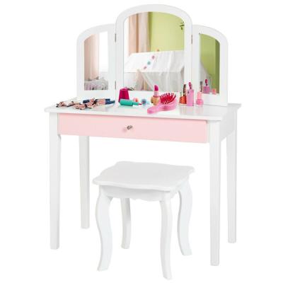 China Modern Three Folding Mirror Girls Makeup Table Girls Dressing Table and Chair Princess Set for sale