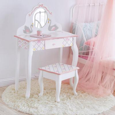 China Modern kids bedroom wooden furniture set modern design girls dressing table and stool set with mirror kids makeup table set for sale