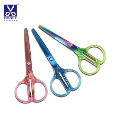 China Office Stationery Template Stationery Clear Colorful Handle Craft Paper Cutting Titanium Scissors for sale