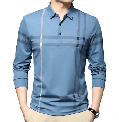 China Custom Made Anti-Pilling Button Closure Men's Casual Striped Long Sleeve Collared T-Shirt Polo Shirts for sale