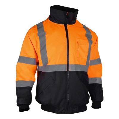 China Custom Hi Vis Reflective Safety Bomber Jacket Concealed Hood Clothing Waterproof Full Zip Up Work Uniform for sale