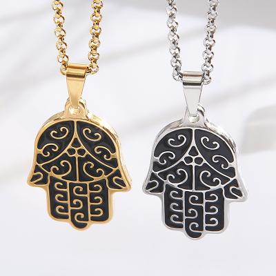 China Vintage SY Hip Hop Stainless Steel Punk Hand Of Fatima Personality Palm Pendant Necklace Creative Rock Pendant Necklace for sale