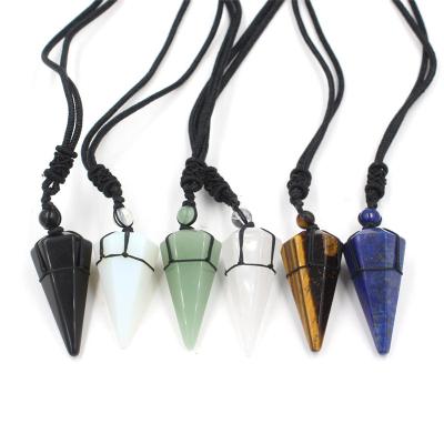 China Vintage SY Natural Stone Crystal Pendant Necklace Quartz Black Cone Rope Wrapped Cure Necklace For Female Men Women Fashion Jewelry for sale