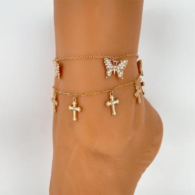 China SY Fashion Diamond Butterfly Pendant Anklet Jesus Believer Religion FASHIONABLE Diamond Cross Adjustable Anklet for sale