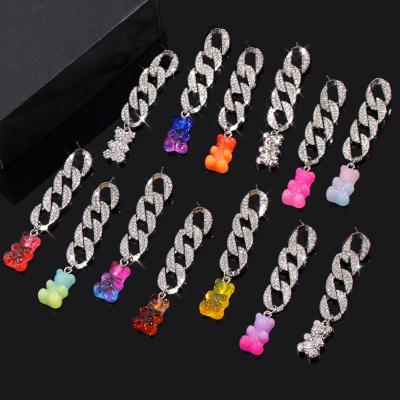 China FASHIONABLE SY Hip Hop Diamond Thick Chain Cuban Chain Dangle Earrings Shape Candy Color Soft Pottery Color Bear Tassel Girl Earrings for sale