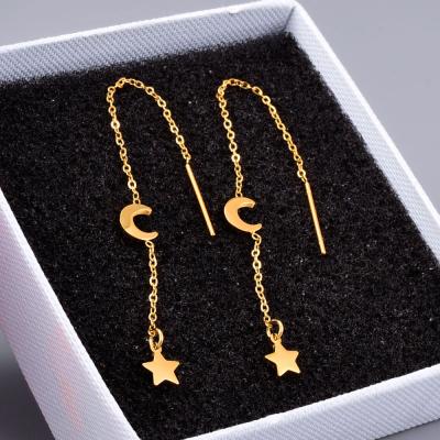 China Fashionable new femininity titanium steel short earrings European stars cold wind long thin and American moon earrings drop titanium steel for sale