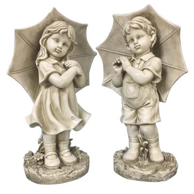 China Classical Garden Resin Kids With Umbrella Figure / Polyresin Garden Statues Decorations for sale