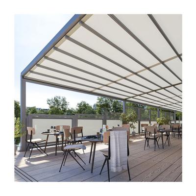 China Easily Collected Self Hanging Electric Roof Tent PVC Fiberglass Side Curtain Aluminum Retract Pergola Awning for sale