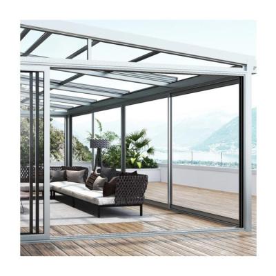 China Exterior Modern Slanted Sun Block Hardtop Aluminum Frameless Sunroom Sunroom Greenhouses Glass Doors Folding Sliding Prefab Kit for sale