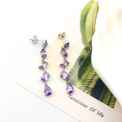 China New Zircon Earrings Stainless Steel Long Amethyst Stud Dangle Earrings Creative FASHIONABLE Earring For Women for sale