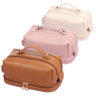 China Durable Waterproof Simple Cosmetics Bags Fashion Double Zipper Handle Bag Soft Portable Toiletries Pouch Washbag PU Leather Make Up Bag for sale