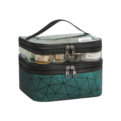 China Durable Double Layer Travel Makeup Organizer Bag Waterproof Portable Checkered Pattern PU Leather Large Cosmetic Bag for Woman for sale