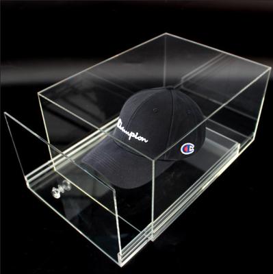 China Xinkeda Deployment Sliding Plexiglass Baseball Caps Organizer Stackable Neon Yellow Acrylic Cap Boxes Hats Storage Drawer Box for sale