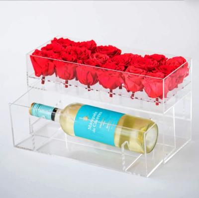 China Xinkeda Wholesale 18 Holes Rectangle Luxury Clear Plexiglass Acrylic Pink Flower Box Deployment With Wine Drawer for sale