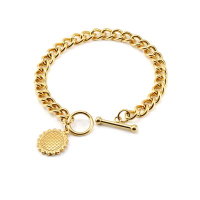 China 18K Gold CLASSIC Fashion HIPHOP Titanium Steel Flower Shape Cuban OT Buckle Chain Stainless Steel Bracelet Necklace for sale