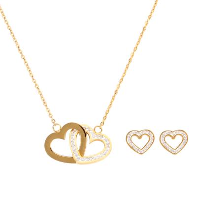 China Simple Heart Shaped Jewelry Set Stainless Steel Diamond Clavicle Necklace Earring Set Fashion TRENDY Double for sale