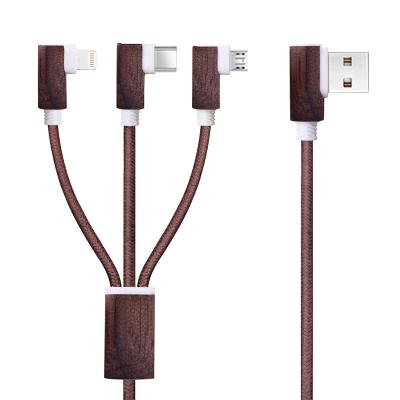 China Wholesale OEM ODM Walnut 3-in-1 USB Cable Multi Function Data Transfer Cable/Cherry Bamboo Wood Data Cable/USB Charger Cable for sale