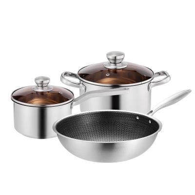 China 3Pcs Kitchenware Viable Cooking Pot Set Non Stainless Steel Stick Cookware Set With Frying Pan for sale