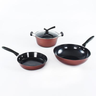 China Sustainable Stick Kitchen Set Cookware Non Cooking Pot Set Red Iron Cookware Set for sale