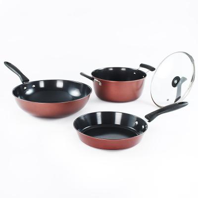 China Viable non rion cooking stick cookware set red color fry pan soup pot kitchen cooking pot set for sale