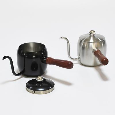 China Durable high quality500ml 304 stainless steel gooseneck drip pour over wooden coffee kettle handle drum body tea coffee pot for sale