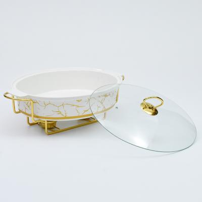 China Customized LOGO Wedding Party Luxury Ceramic Chafing Dish Used Food Serving Round Buffet Food Warmer for sale