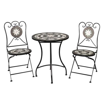 China New Design Renewable Hot Sale Antique Marble Metal Mosaic Dining Bistros Set With Folding Table And Two Chairs for sale