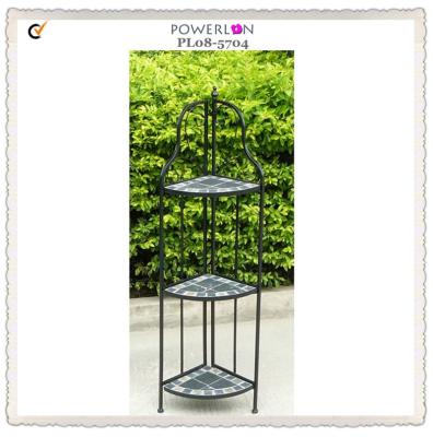 China Europe Sale Antique Wrought Iron 3 Tier Mosaic Corner Plant Pot Garden Flower Shelf For Garden Backyard for sale