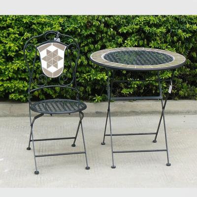 China Traditional High Quality Mosaic Metal Mosaic Wood Garden Side Folding Table And Chair Set Outdoor Dining Furniture for sale