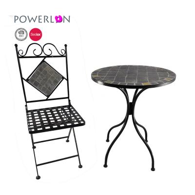 China Traditional Outdoor Wrought Iron and Ceramic Mosaic Backyard 1 Table and 2 Chairs Garden Furniture Set for sale