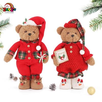 China Classic 13-in Teddy Bear Pair in Cute Soft Plaid Pajamas Standing Ornament for Christmas Home Decor for sale