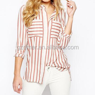 China Fashion Anti Shrink Women Chiffon Oversized Shirt In Stripe With Big Pockets for sale