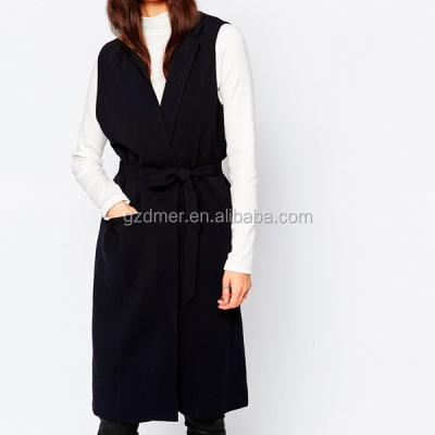 China 2016 latest fashion long line black jacket breathable sleeveless women with belt for sale