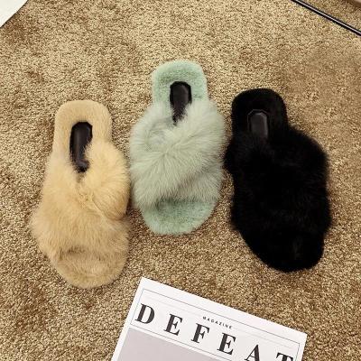 China Fashion Winter Women Warm Faux Fur Home Shoes Ladies Cross Soft Plush Furry Female Open Toe Women's House Slippers for sale