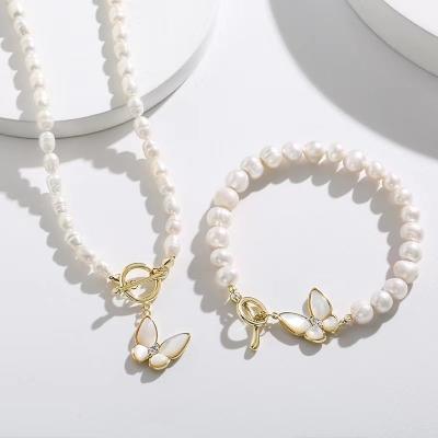 China Lead Free Environmentally Friendly Trendy Freshwater Butterfly Necklace Bracelet Pendant Designer Pearl Set For Women for sale