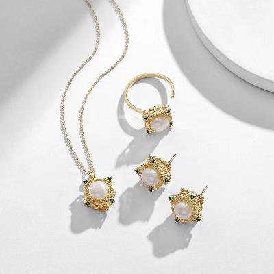 China Jewelry Palace Environmentally Friendly Lead Free Lightweight Luxury Style Pearl Ring Necklace Earring Set Gold Plated for sale