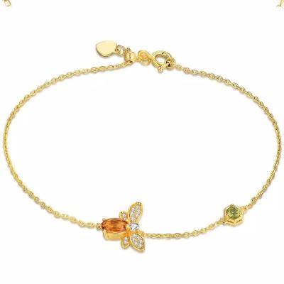 China 925 Sterling Silver Gold Plated 925 Sterling Silver Girl's Natural Topaz Bee Crystal Bracelet Environmentally Friendly Fashion Petite Lead Free for sale