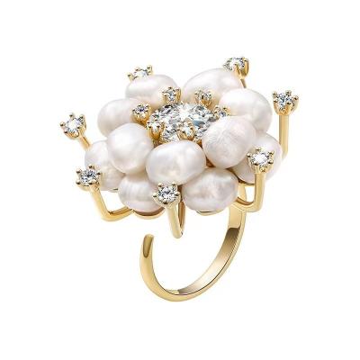 China 2022 New Vintage Design Women's Party Exaggerated Freshwater Pearl Openings Flower Ring for sale