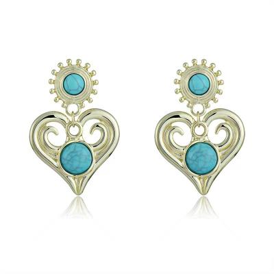 China 14K Gold Plating Environmentally Friendly Needle Lead Free Silver Lady's Court Exaggeration Fashion Turquoise Heart Dangle Earrings for sale