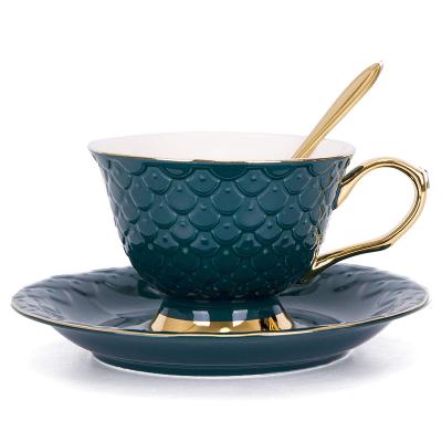 China Sustainable European Style Embossed Ceramic Coffee Cup And Saucer Set With Tray With Spoon Couple Tea Set for sale