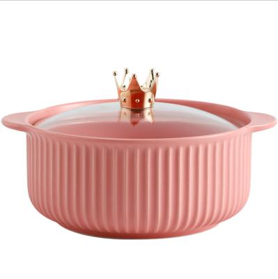 China Viable Creative Color Gloss Ceramic Simple Crown Double Ear Bowl Household Household Bowl With Lid for sale