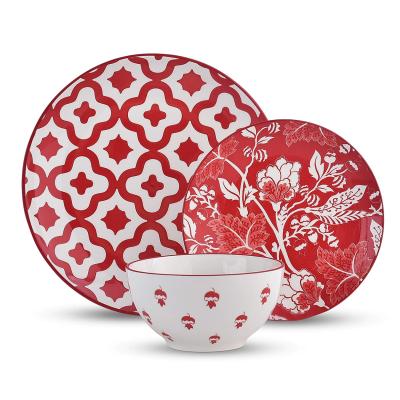 China Viable Red Atmosphere Grid Pattern Phnom Penh Matte Steak Dessert Plate Tableware Party Festive Ceramic Electroplating Set for sale