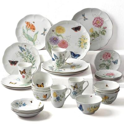 China Wholesale High Quality Viable Butterfly Meadow Style Dinner Set Dishes Dinnerware Set Plates Porcelain 28 PCS Ceramic Dinnerware Set for sale