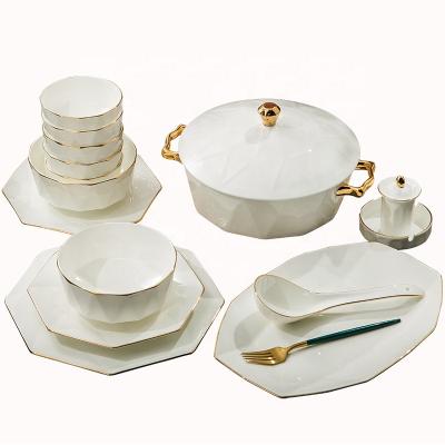 China New Viable High Quality Western Fine Gold Rim Ceramic Dinnerware Hotel Item Hotel Bone China Tableware 52pcs Bone China Set for sale